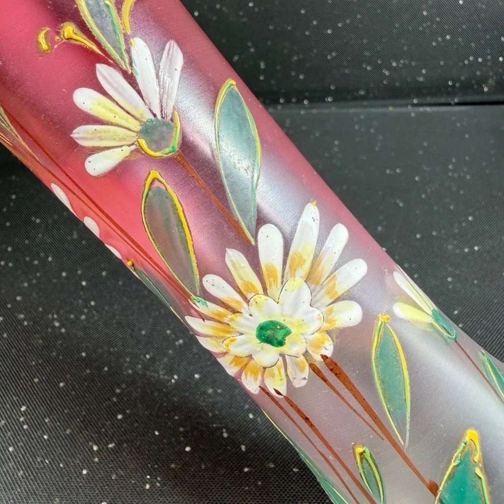 Satin Rubina Bohemian Cranberry Frosted Glass Enameled Daisy Vase 11.5 Inch